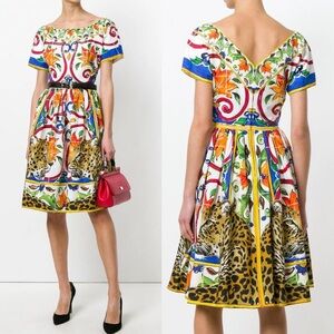 Dolce & Gabbana Majolica Leopard Print Silk Dress – Size 36 – Made in Italy NWT